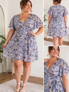 Plus Floral Wrap Dress in Dusty Blue